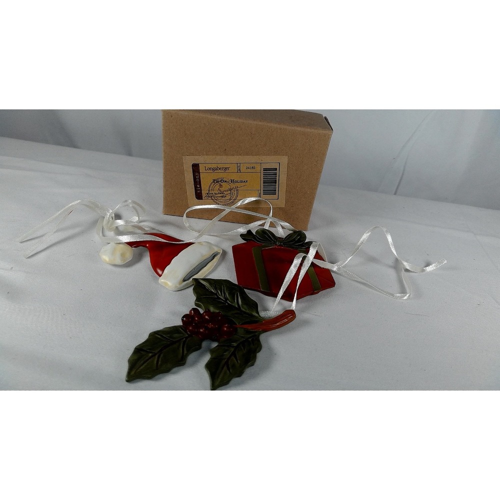 Longaberger Tie-On‎ Holiday Ornaments Set Of 3 Santa, Gift, Holly - NIB